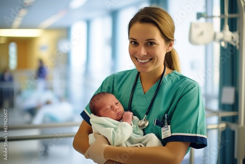 krankenschwester oder ärztin mit einem neugeborenen kind. baby im arm nach der geburt im krankenhaus. photo