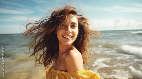 smiling woman relaxing on beach in summer day