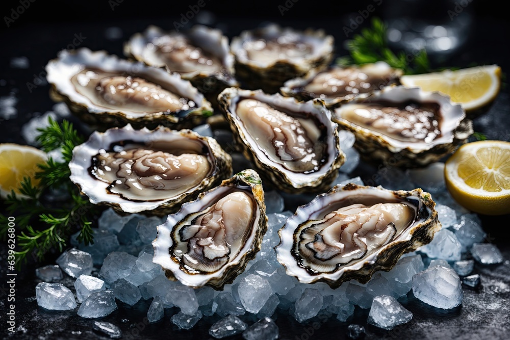 Fresh oysters with lemon's slices in ice. Restaurant delicacy. Saltwater oysters dish Fresh oysters with lemon's slices in ice. Restaurant delicacy. Saltwater oysters dish