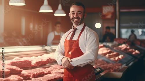 smiling butcher sells fresh meat in the sunlight of the shop