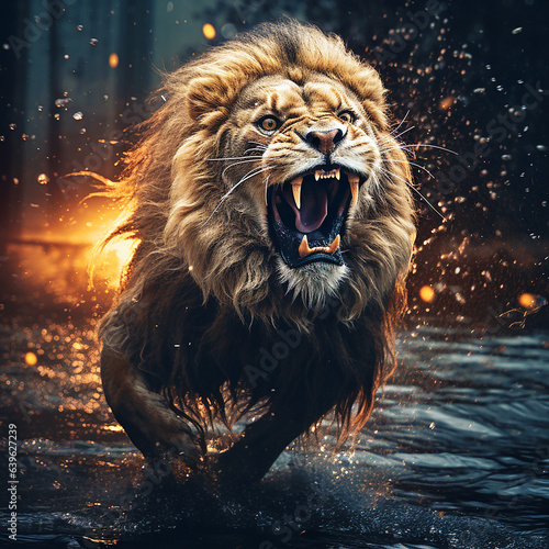 menacing lion running across the river at night