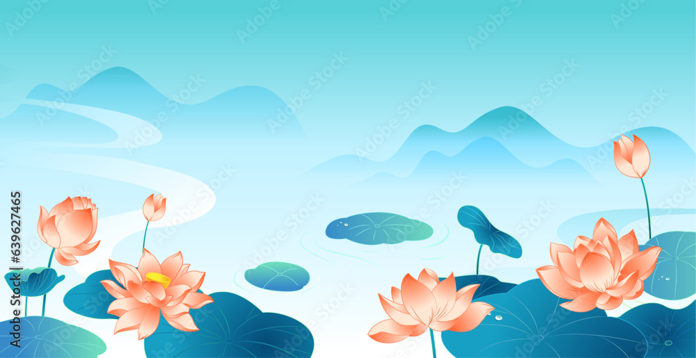 Vector illustration of lotus flowers and leaves landscape Stock Vector ...