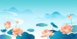 Vector illustration of lotus flowers and leaves landscape