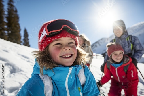 Teenagers have winter fun sport activities in snowy mountains