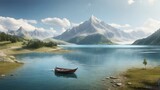 lake in the mountains with small boat