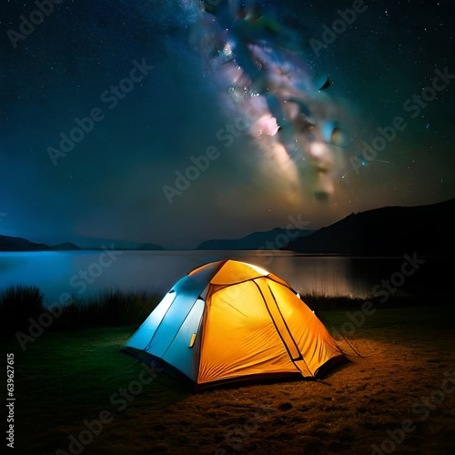 Outdoor camping tent with tarp or flysheet on grass courtyard and warm night light under dark night sky, family vacation picnic on holiday relax.AI generated