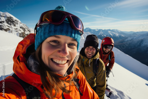 Teenagers have winter fun sport activities in snowy mountains