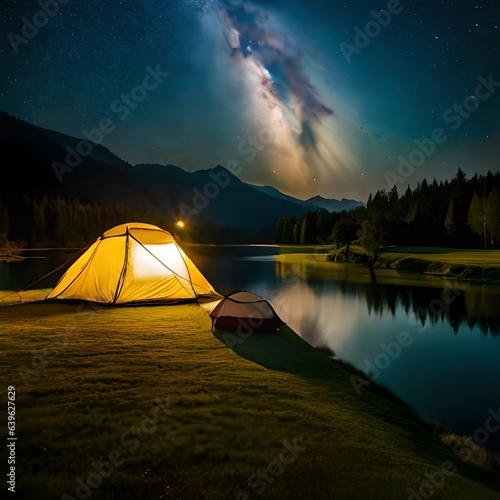 Outdoor camping tent with tarp or flysheet on grass courtyard and warm night light under dark night sky, family vacation picnic on holiday relax.AI generated