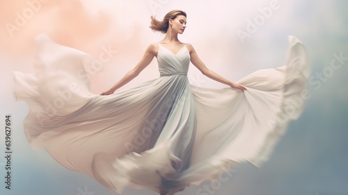 Woman in Flowing White Dress Against a Pink and White Sky