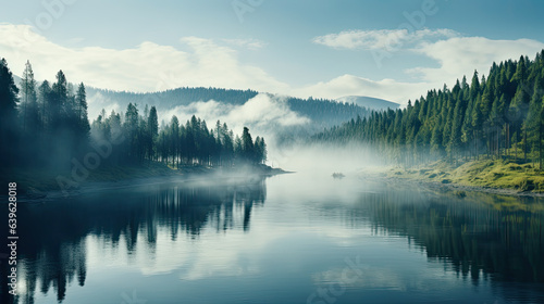 Generative AI, foggy calm lake surrounded by a pine forest, trees around the reservoir, northern nature, fog over the river, majestic nature, peaceful landscape, harmonious landscape © Julia Zarubina