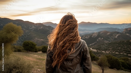 Side see of female traveler with long wavy hair standing on perspective and watching beautiful scene with mountains beneath dusk sky in Spain photo