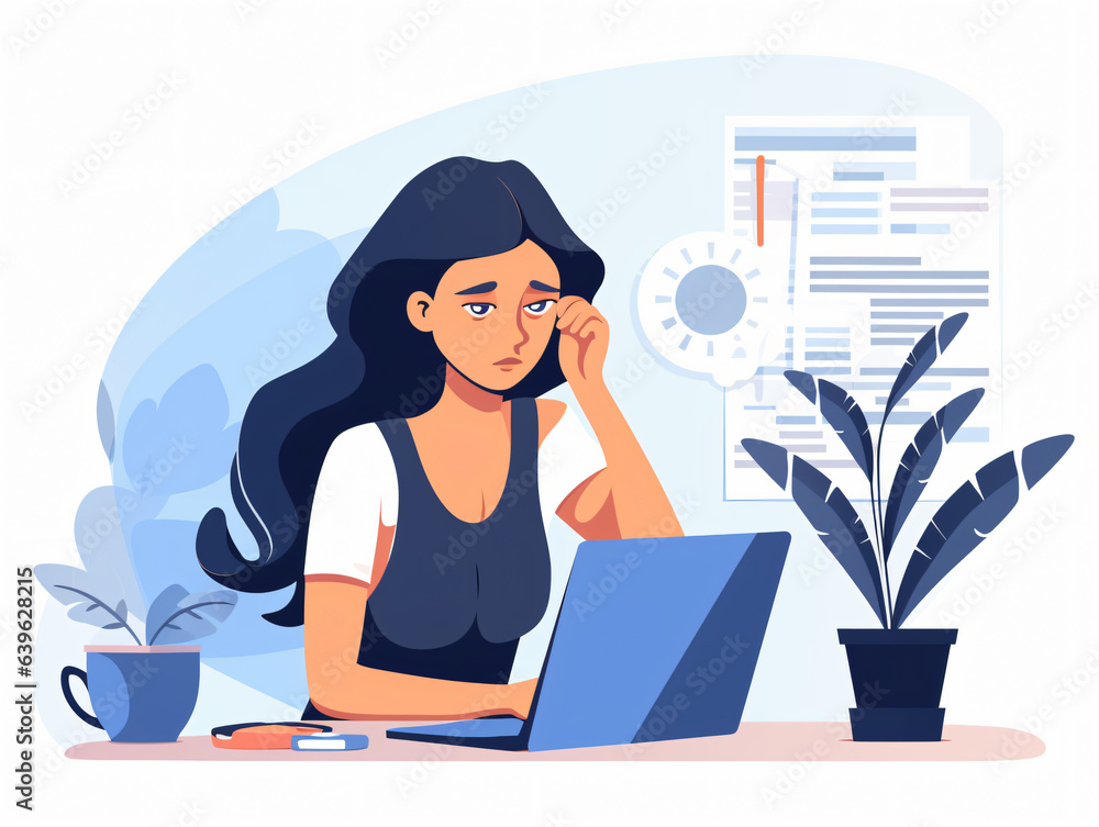 a determined business owner, a woman, sits at her table engrossed in work, focusing on her computer and poring over financial statements. Her expression reflects a touch of anxiety a determined business owner, a woman, sits at her table engrossed in work, focusing on her computer and poring over financial statements. Her expression reflects a touch of anxiety