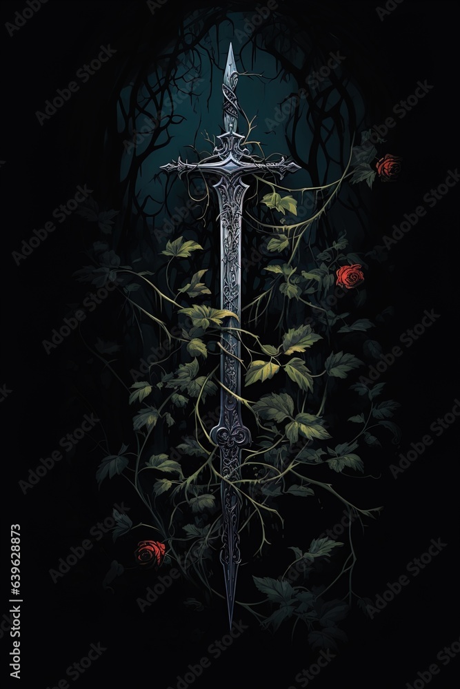 Fototapeta premium High fantasy illustration of a sword with vines and flowers. Great for fantasy, dark fantasy book covers, invites, posters, t-shirts and more.