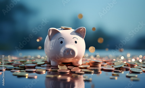 Piggy bank with coins on blue background