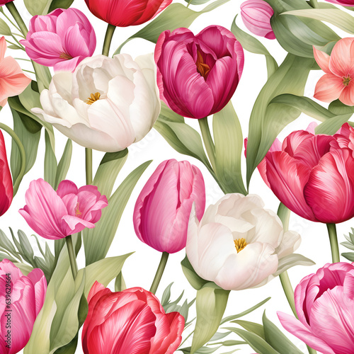 A seamless pattern of pink  red and white tulips on a white background