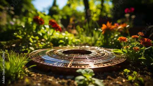 A sundial in the middle of a sunny garden photo