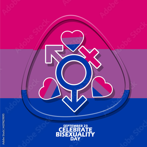 Male and female icon symbol in frame with bold text on bisexuality flag background to commemorate Celebrate Bisexuality Day on September 23