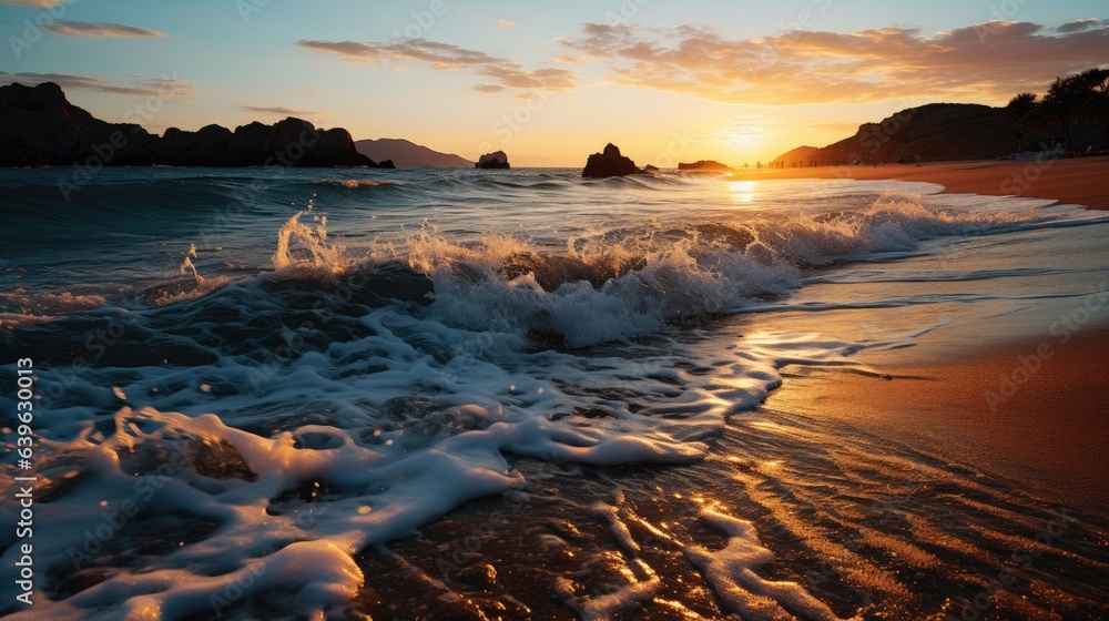 Waves crashing on a beach at sunset. Waves crashing on a beach at sunset.