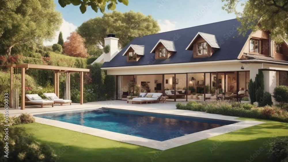 A beautiful image of house having swimming pool and chair outside