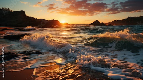 Waves crashing on a beach at sunset. 