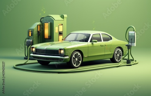 Captivating Isometric Art Electric Car and Charger Charging - Konica Auto Style - Organic & Light Green