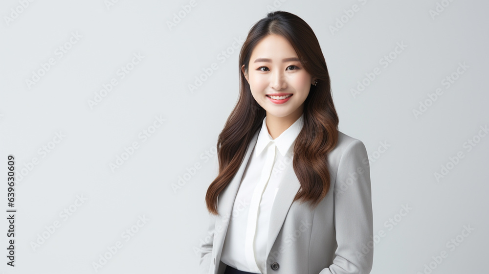 グレーのスーツ姿で笑うロングヘアの日本人女性のポートレート グレーのスーツ姿で笑うロングヘアの日本人女性のポートレート