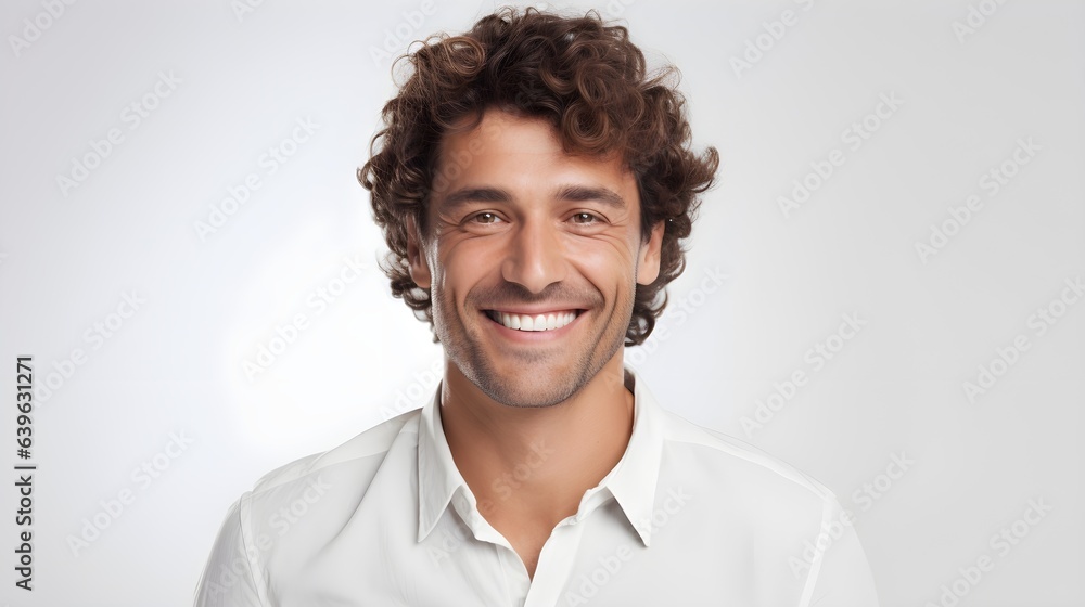 Man smiling with curly hair. Portrait of handsome positive man with toothy smile and healthy hair isolated on white background