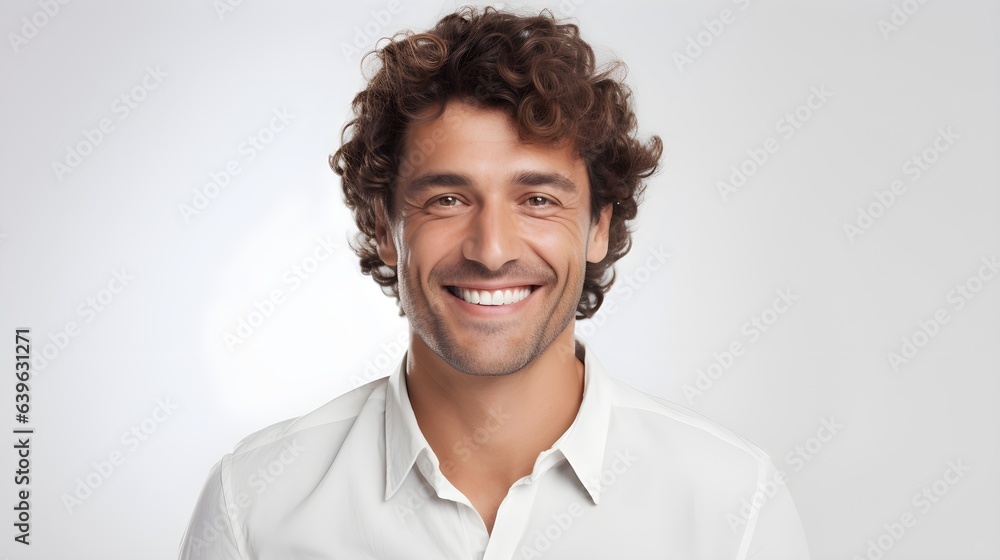 Man smiling with curly hair. Portrait of handsome positive man with toothy smile and healthy hair isolated on white background Man smiling with curly hair. Portrait of handsome positive man with toothy smile and healthy hair isolated on white background