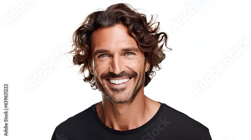 Man smiling with curly hair. Portrait of handsome positive man with toothy smile and healthy hair isolated on white background photo