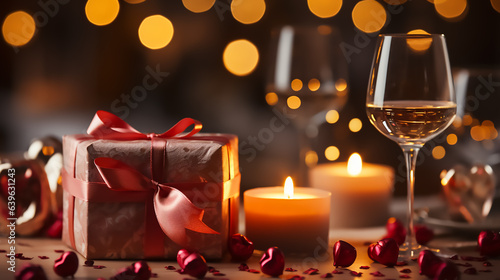 Romantic Valentine's Day dinner table with red wine, box of chocolates and candle lights. Professional color grading, soft shadows, sharp focus, cinema film photography
