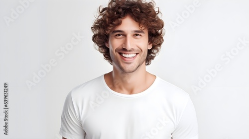 Man smiling with curly hair. Portrait of handsome positive man with toothy smile and healthy hair isolated on white background