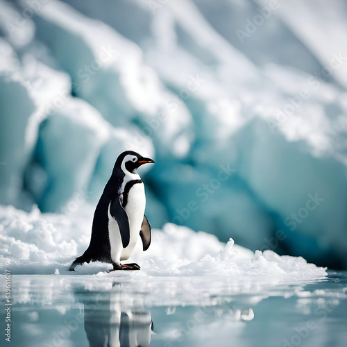 A penguin standing on an Arctic iceberg with water reflection