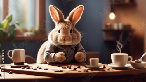 A cute rabbit playing with carom board with cooffee