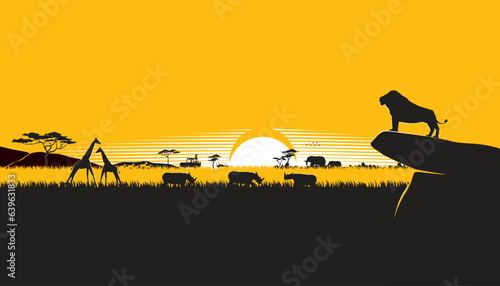 African safari landscape with animals on sunset background. Safari theme photo