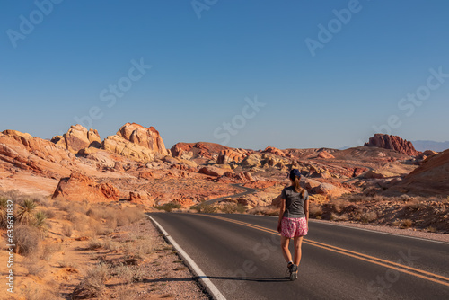 Photography Woman standing on endless winding empty road in Valley of Fire State Park leading to red Aztec Sandstone Rock formations and desert vegetation in Mojave desert, Overton, Nevada, USA