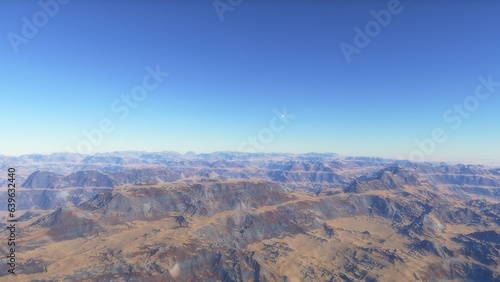 Mars like red planet, with arid landscape, rocky hills and mountains, for space exploration and science fiction backgrounds. 