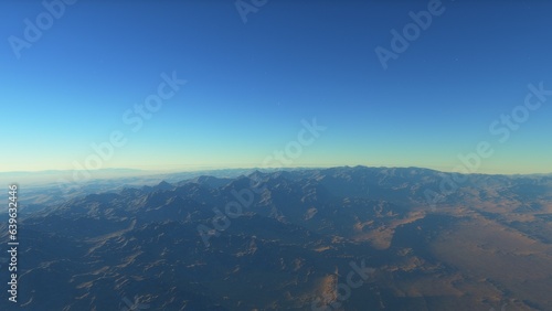 Mars like red planet, with arid landscape, rocky hills and mountains, for space exploration and science fiction backgrounds. 