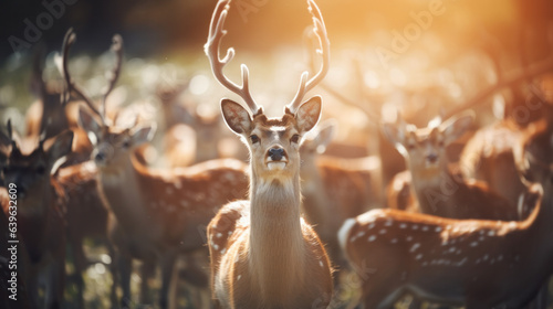 Herd of deer in the wild. Reportage with shooting a large number of deer. Portrait of a deer in a close-up.