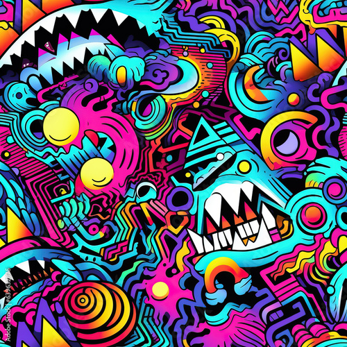 Psychedelic trippy optical illusion fantasy doodles repeat pattern art