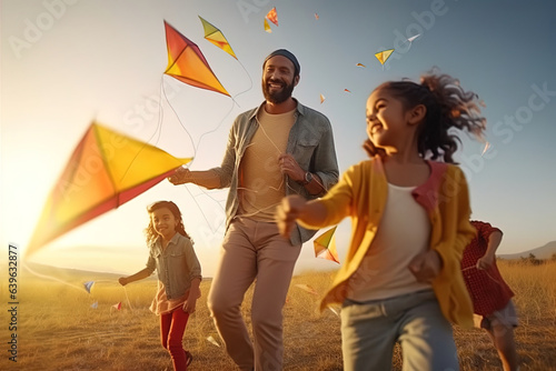 Dad and children fly a kite. 