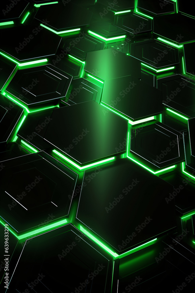 abstract technology background with green hexagons and dark background abstract technology background with green hexagons and dark background