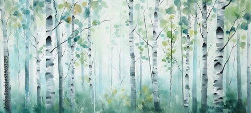 Watercolor painting illustration of abstract birch trees in forest, landscape background