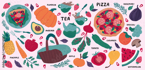 Cute food. Apple and watermelon in picnic basket, pizza plate, organic nutrition hand drawn beetroot, broccoli and pomegranate. Minimal elements for kitchen, abstract pattern vector illustration