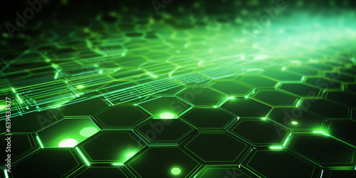 abstract technology background with green hexagons and dark background