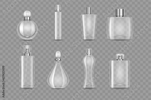 Fragrance bottle. 3d perfume glass different forms  transparent with metal lid and dispenser  cosmetic flask  empty spray container. Blank glamour packaging. Vector realistic mockup set