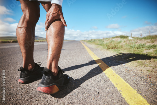 Legs injury, marathon runner or person massage nerve problem, calf muscle ache or fatigue burnout from exercise. Joint pain, anatomy risk or closeup athlete hurt from running accident on asphalt road