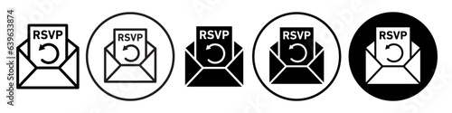 RSVP Icon. Please respond to confirm event invitation symbol for web app ui use. Vector set of email newsletter to ask post answer to accept party card through postal mail. Flat outline of envelope 