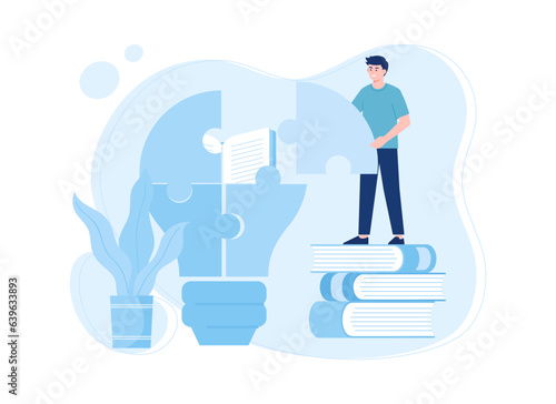 man learning to put together a puzzle concept flat illustration