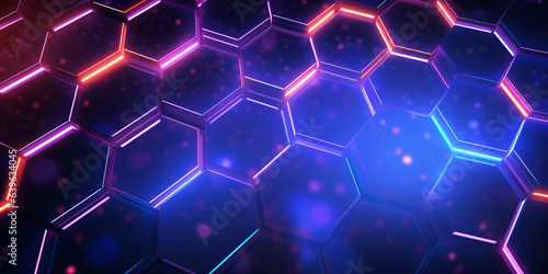 Abstract technology background with neon hexagons.