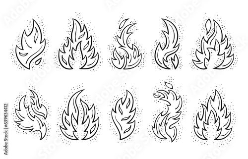 Doodle fire flame. Outline grill symbol, blaze sparks, smoke or chili contour, retro nature energy light. Wildfire pictograms set. Black elements isolated on white. Vector hand drawing